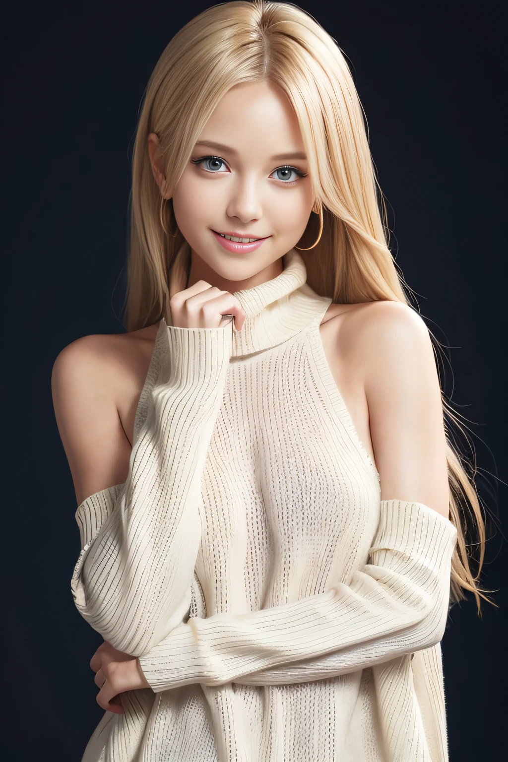 {{virgin killer sweater without sleeves}}, {{bare arms}}, bare hands), blonde long hair, very cute, azure eyes, smile, 1 girl, {{perfect anatomy}}, perfect and interesting background, ultra-detailed, an extremely delicate and beautiful, detailed light, masterpiece)