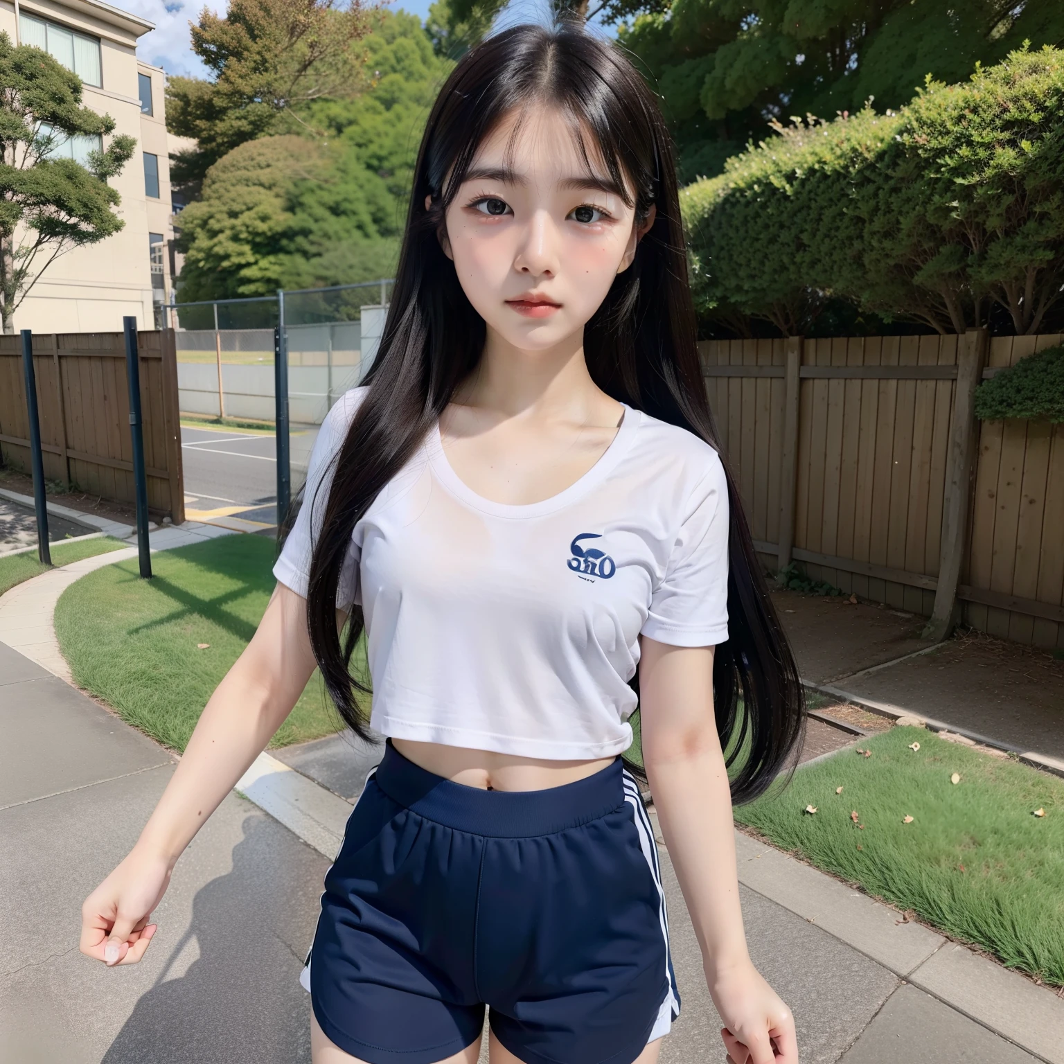 very real、Top-notch image quality、in 8K、fully body photo、Japanese  Girl、15yo student、Soio、k-haired、very small chest、155cm、Wearing gym clothes[White T-shirt、Navy blue shorts]、Walking、Fluid movement、Leaving school、fully body photo、Frontal perspective