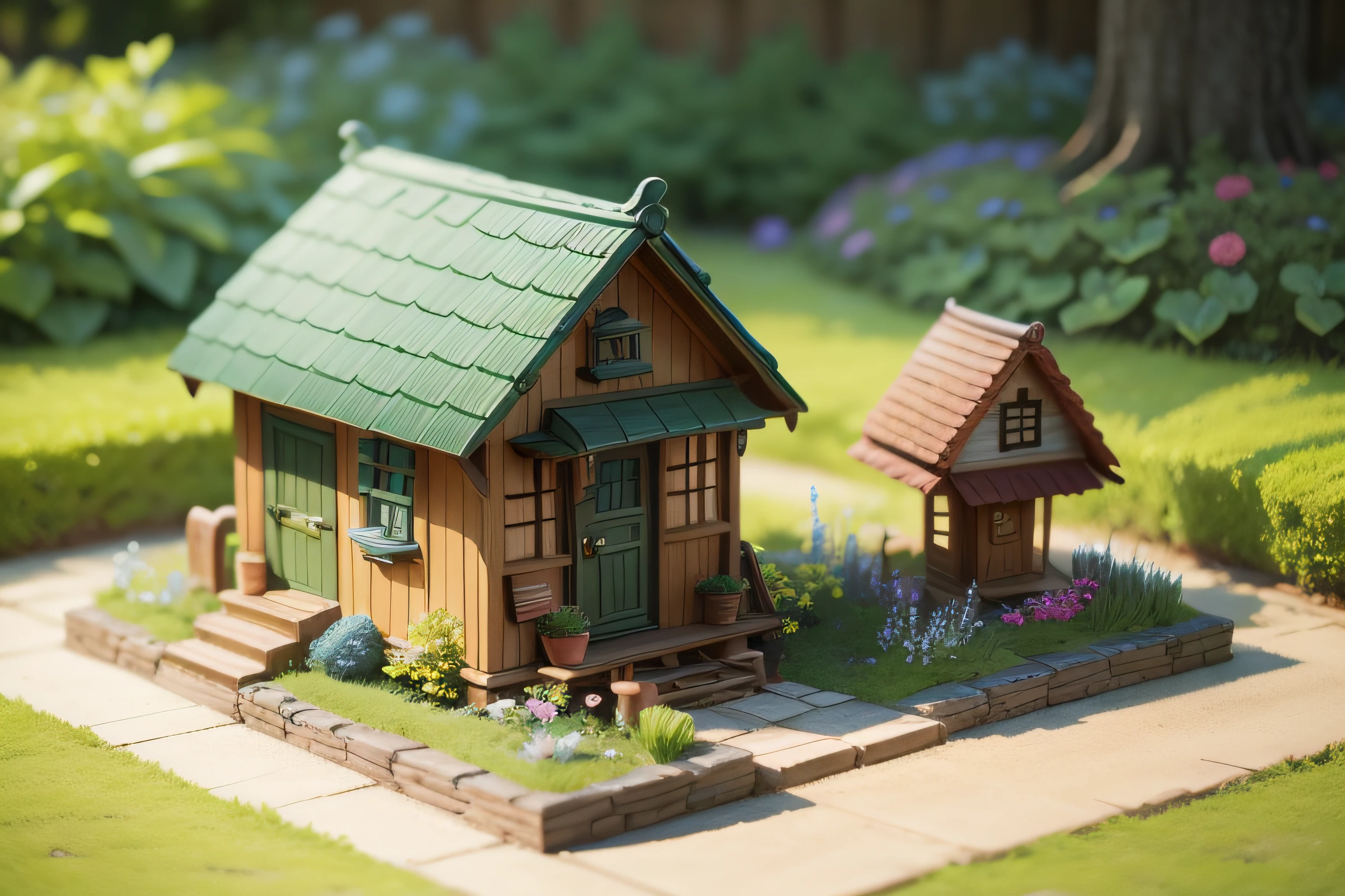 Miniature retro little house and garden、No humans、Natural bright light、Shading is weak、photos realistic