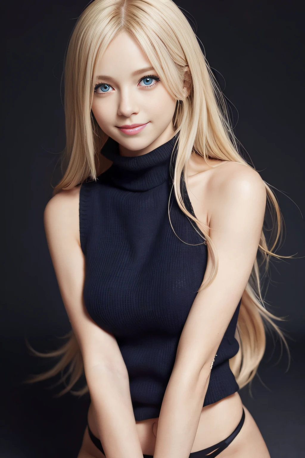 {{virgin killer sweater without sleeves}}, {{bare arms}}, bare hands), blonde long hair, very cute, azure eyes, smile, 1 girl, {{perfect anatomy}}, perfect and interesting background, ultra-detailed, an extremely delicate and beautiful, detailed light, masterpiece)