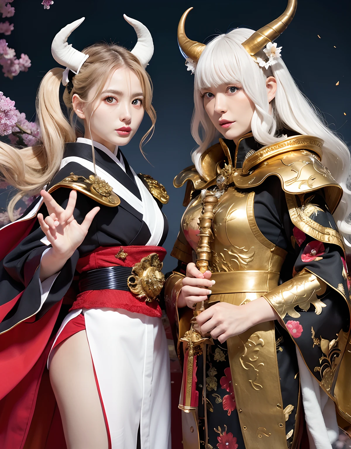 Professional , masterpiece、top-quality、photos realistic , depth of fields 、(White bikini armor)、(Mystical expression)、((Fight dragons)),(Wear a beautiful kimono),(Wear a beautiful kimono with colorful floral patterns)、Jewel Gold Weapon、Particles of light),Gorgeous gold weapons ,(( Gorgeous Dragon Sword)) , (Hold the Devil's Hand),,(maikurobikini) 、((White hair))、(Castle background)、(demonic wings)、((Gangle's forest background))、Beautiful Caucasian beauty、1a person、dynamic ungle,(((Two devil's horns on the head)))、Smaller head、Idle Smile、Thin and beautiful female hands、Mystical expression、Light Effects、intense fighting、Wind-effect、magic circles、With the legendary magic wand、Dragon's tail、