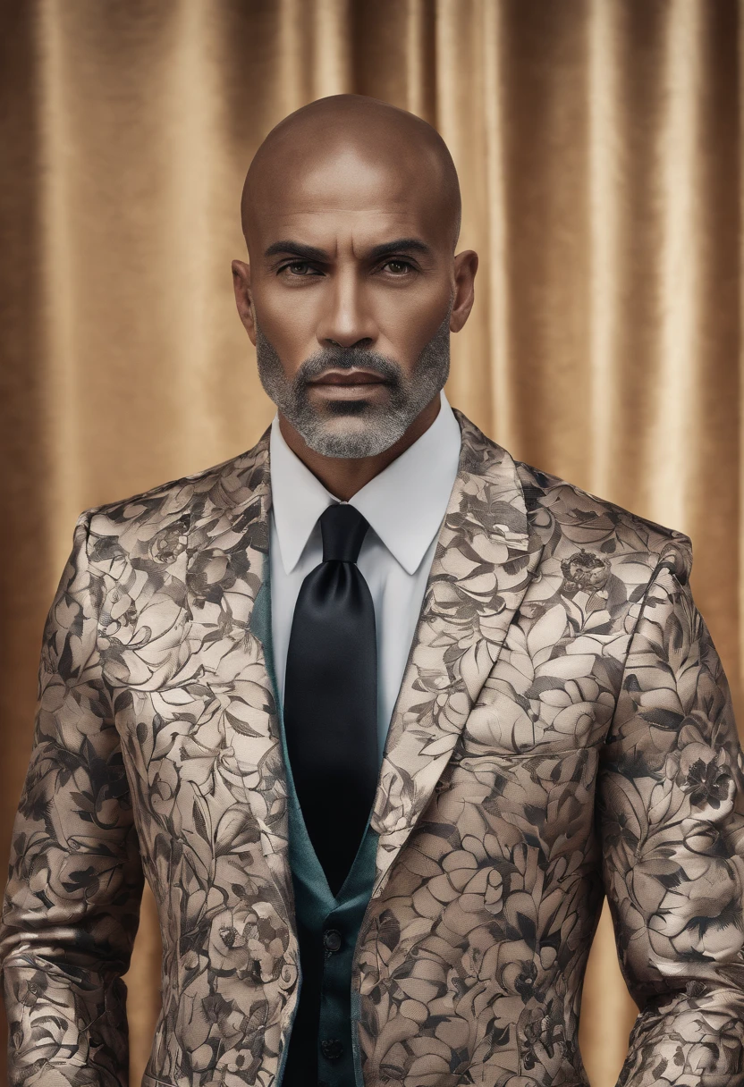 Cinematic photo, wide angle, of a handsom man, tall and fit, 40 years old, (shaven:1.2) , short curly brown hair. dark brown tight velvet suit, (the jacket has black flower patterns:1.2). Minimalistic background, clean composition, strong details, Muted Colours, Hasselblad --style raw