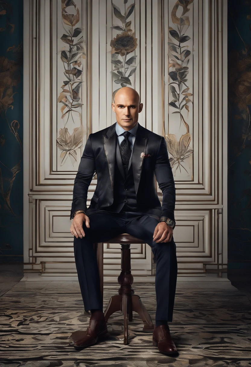 masterpiece, muscle score style, ultra photorealistic, best quality, high resolution, realistic, sharpness, detailed skin pores, real sunlight coming from the windows of luxurious house, 8k, a man, focus on man, bald and muscular man, very muscular, very tall , pale skin, very tall, American face, muscular body like a god, small waist, dressed in a suit and colbata, men's jewelry on his wrist and is sitting in the living room of a luxurious house that has the open windows covered with curtains