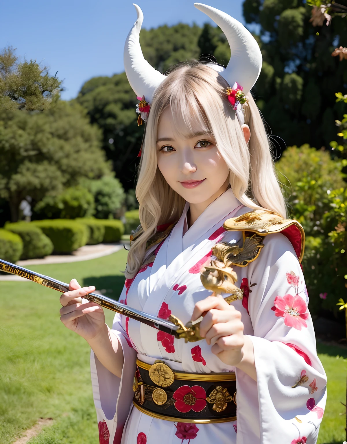 Professional , ​masterpiece、top-quality、photos realistic , depth of fields 、（White bikini armor)、（Mystical expression）、（（Fight dragons））,(Wear a beautiful kimono),（Wear a beautiful kimono with colorful floral patterns）、Jewel Gold Weapon、Particles of light),Gorgeous gold weapons ,（（ Gorgeous Dragon Sword）） , （Hold the Devil's Hand）,,（maikurobikini） 、（（White hair））、（Castle background）、（demonic wings）、（（Gangle's forest background））、Beautiful Caucasian beauty、１a person、dynamic ungle,(((Two devil's horns on the head)))、Smaller head、Idle Smile、Thin and beautiful female hands、Mystical expression、Light Effects、intense fighting、Wind-effect、magic circles、With the legendary magic wand、Dragon's tail、