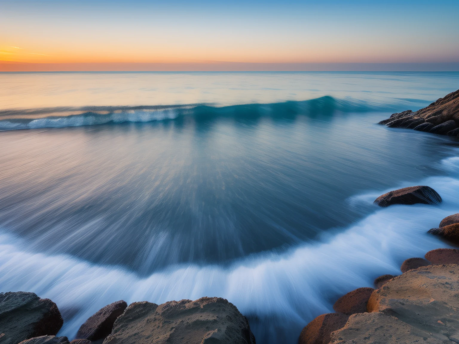 FOTOREALISTA FONDO AGUAS TURQUESAS DEL MAR EN CALMA CON UN AMANECER