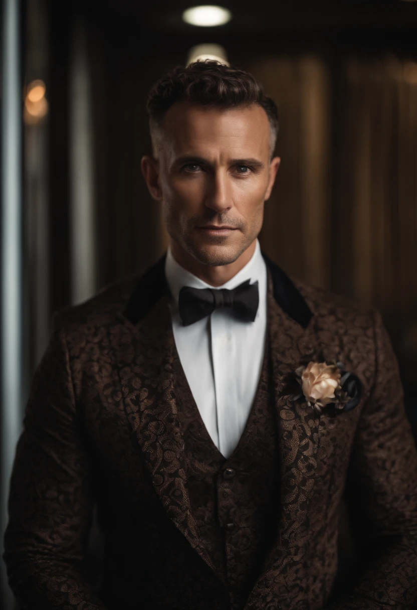 Cinematic photo, wide angle, of a handsom man, tall and fit, 40 years old, (shaven:1.2) , short curly brown hair. dark brown tight velvet suit, (the jacket has black flower patterns:1.2). Minimalistic background, clean composition, strong details, Muted Colours, Hasselblad --style raw