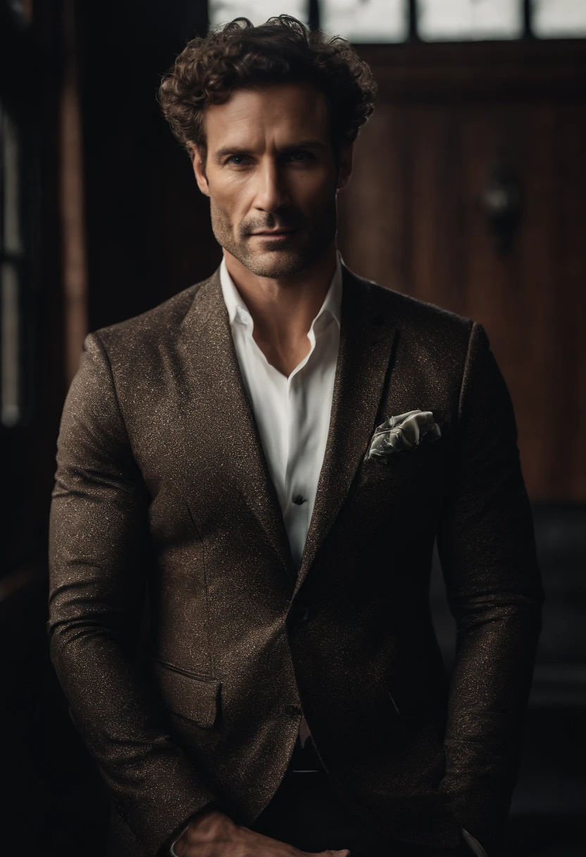 Cinematic photo, wide angle, of a handsom man, tall and fit, 40 years old, (shaven:1.2) , short curly brown hair. dark brown tight velvet suit, (the jacket has black flower patterns:1.2). Minimalistic background, clean composition, strong details, Muted Colours, Hasselblad --style raw