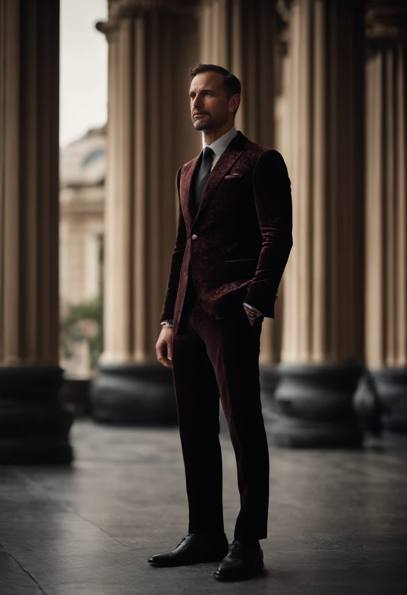 Cinematic photo, wide angle, of a handsom man, tall and fit, 40 years old, (shaven:1.2) , short curly brown hair. dark brown tight velvet suit, (the jacket has black flower patterns:1.2). Minimalistic background, clean composition, strong details, Muted Colours, Hasselblad --style raw
