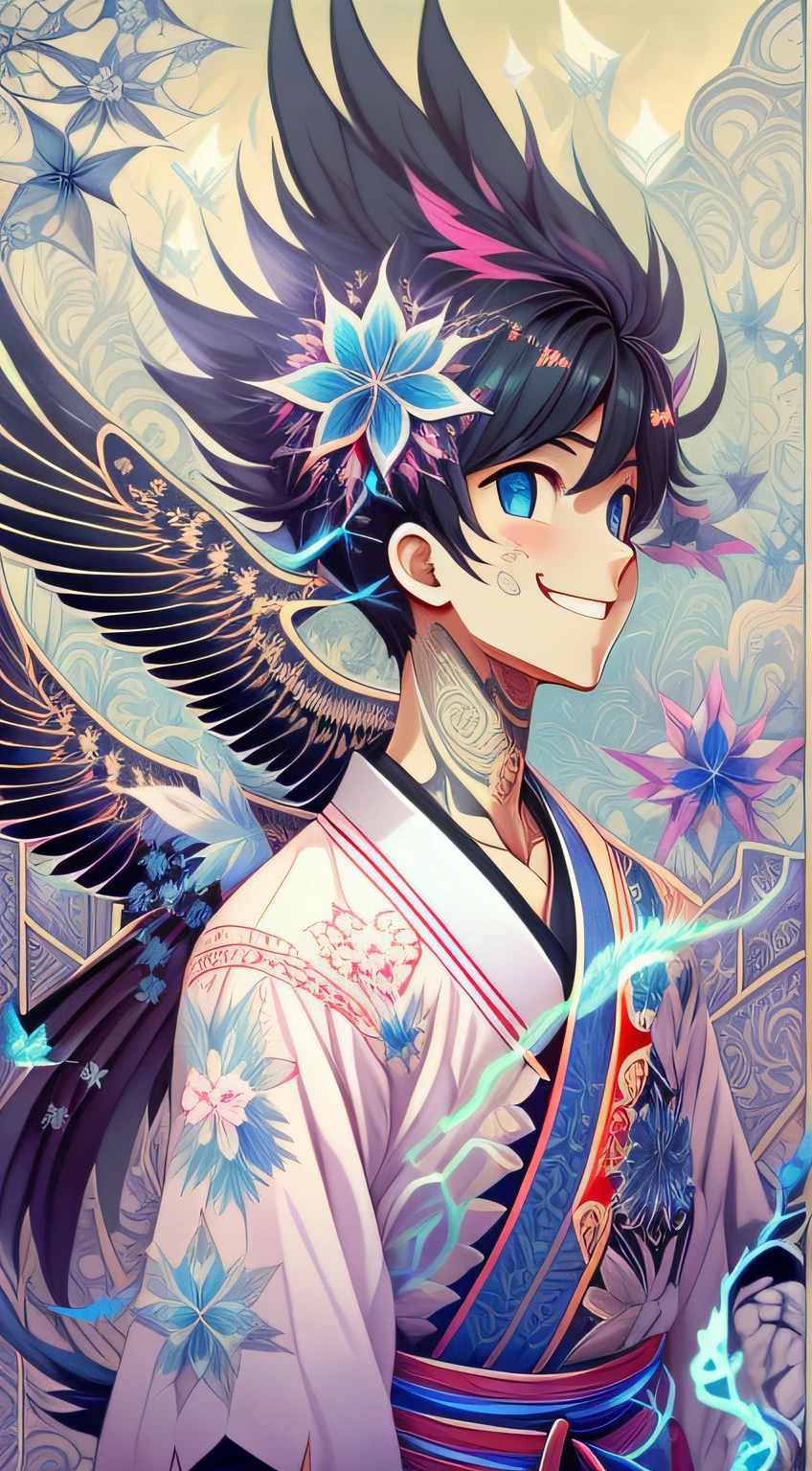 Realistic, (masterpiece, top-quality, bestquality, official art, Beauty and Aesthetics: 1.2), Very detailed, Fractal Art, colorfully, Most Detailed, Zentangle, (sky Background: 1.5) (1boy: 0.25), Divinity, Glow black Hair,Short hair, (Glow blue eyes), mysterious, (Magic),ice and fire, Handsome Man,
playful, Japanese Style ,tattoo,Cool Colour,martial arts,smile,Explosive power,six black wings,