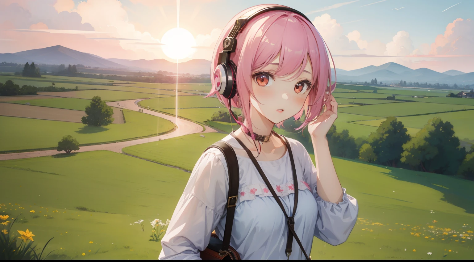 masterpiece、top-quality、Movie stills、1girl in、animesque、pink there Shorthair、singers、illustratio、neat and clean clothes、headphones、kawaii、Large grasslands、the setting sun(Spark:0.7)