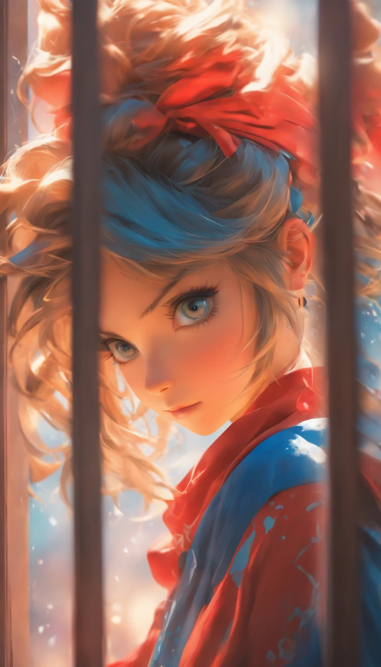 arafed image of a girl in a red and blue costume looking out a window, wojtek fus, ross tran 8 k, cgsociety 8 k, cgsociety 8k, cgsociety 8k, realistic anime 3 d style, artgerm and atey ghailan, ilya kuvshinov. 4 k, cinematic cgsociety, cgsociety inspired