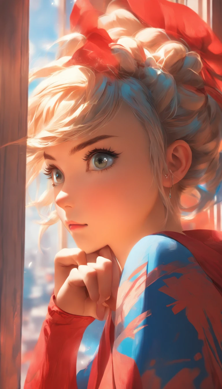 arafed image of a girl in a red and blue costume looking out a window, wojtek fus, ross tran 8 k, cgsociety 8 k, cgsociety 8k, cgsociety 8k, realistic anime 3 d style, artgerm and atey ghailan, ilya kuvshinov. 4 k, cinematic cgsociety, cgsociety inspired