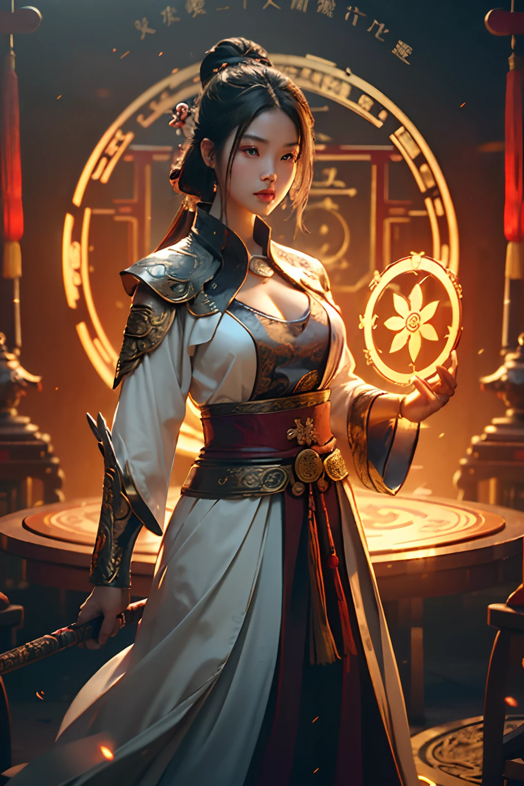 Best quality,masterpiece,ultra high res,(photorealistic:1.4),xiuxian,weapon,Detailed face,
1girl,solo,weapon,cleavage,(magic circle:1.2),xiuxian,upper body,Beautiful girl,full body,east asian architecture,sheath,architecture,
