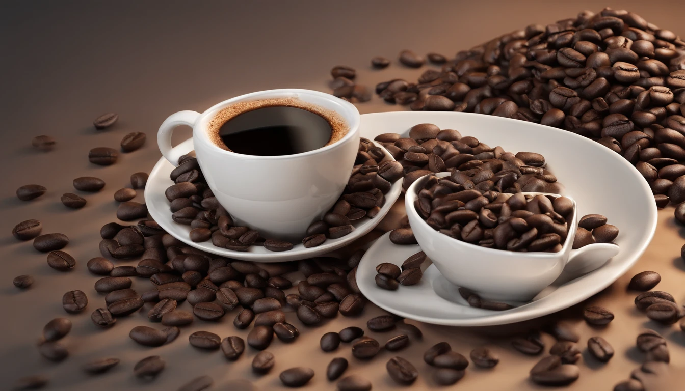 There are a lot of coffee beans on the elegant desktop, with a cup of black coffee inside, exuding hot air, masterpiece, advertising photography -like effect, real details, 8K