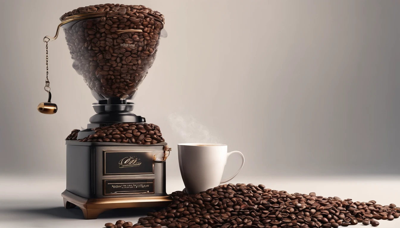 There are a lot of coffee beans on the elegant desktop, with a cup of black coffee inside, exuding hot air, masterpiece, advertising photography -like effect, real details, 8K