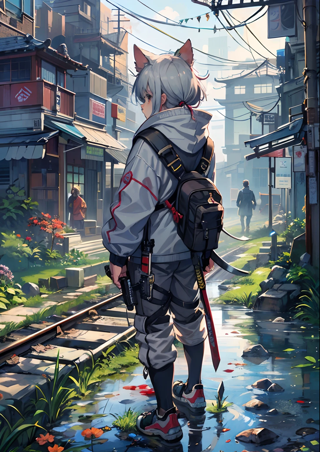 1boy,Man's ,Cyberpunk Boy、katanas,machine gun、Cat's ears、silber hair、poneyTail、Whole body bloody、The beginning of the adventure、during daytime、Into the cloud、contrail、ruined and devastated city、Complex Japan buildings、railroad crossing、Trees、Warm lighting、puddles、Scenery of the old Japan、Beautiful and fantastic scenery、Cinematic scenery、hightquality、masutepiece,8K、hight resolution、ultra-detailliert,