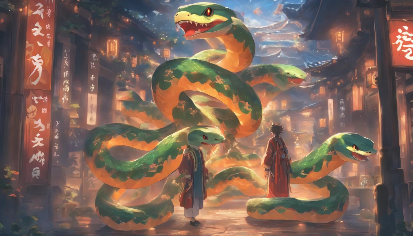 Zodiac snakes , Snake at the end of the tail,Big eyes, Wear festive attire, Standing on the side of the street, Ancient style, Artistic touch,Snes painting