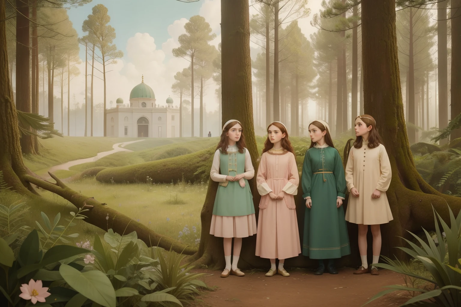 Combine the Pre-Raphaelite appreciation for natural beauty with Wes Anderson's meticulous attention to detail: a group of ten friends, dressed in pastel attire, exploring a surreal, intricately designed forest filled with enchanting creatures and flora in a bustling city.