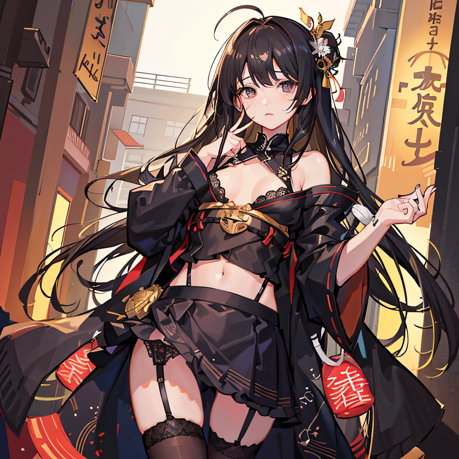 (Masterpiece, Best quality, Very detailed CG, Very detailed, Intricate details: 1.2),(1girll,2hand,2legs,10 fingers:1.2),(messy hair,black hair,Long hair:1.2),(stacked:1.3),( yukata,black garter belt:1.2),ahoge,(Heart-shaped pupils:1.2),brigh colors,lighting,shy,(baring belly button:1.2),mole under mouth,black eyes,shy