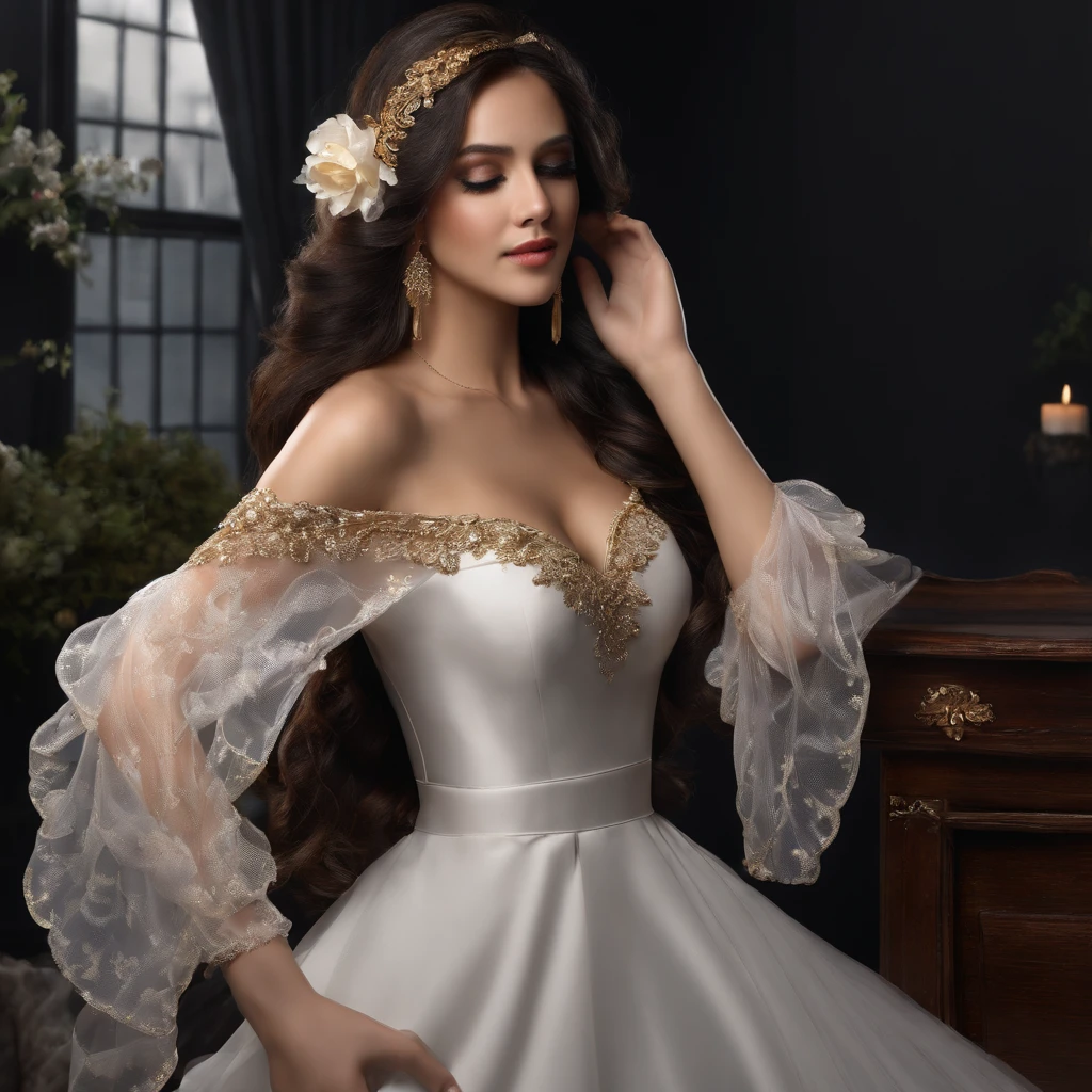 Chobria, Angel wings, Beautiful woman, (Photorealistic), The light from the back window is backlighted, Black background, Black dress, Black gloves, Black hair, Smile, Cowboy shot, dress, Earrings, Floating hair, mitts, Gold earrings, golden hairband, hair flower, hair adornments, ((Hair Band)), jewelry, Light particles, Long hair, view the viewer, Off-the-shoulder dress, cropped shoulders, petals, Side Rock, Solo, Mouth balls, Beautiful dress, two-sided fabric, ((Masterpiece))