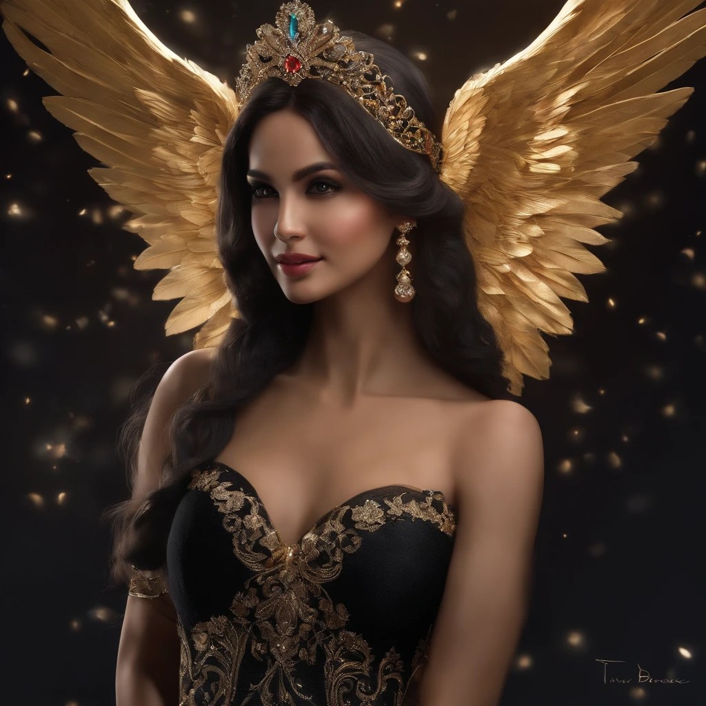 Chobria, Angel wings, Beautiful woman, (Photorealistic), The light from the back window is backlighted, Black background, Black dress, Black gloves, Black hair, Smile, Cowboy shot, dress, Earrings, Floating hair, mitts, Gold earrings, golden hairband, hair flower, hair adornments, ((Hair Band)), jewelry, Light particles, Long hair, view the viewer, Off-the-shoulder dress, cropped shoulders, petals, Side Rock, Solo, Mouth balls, Beautiful dress, two-sided fabric, ((Masterpiece))