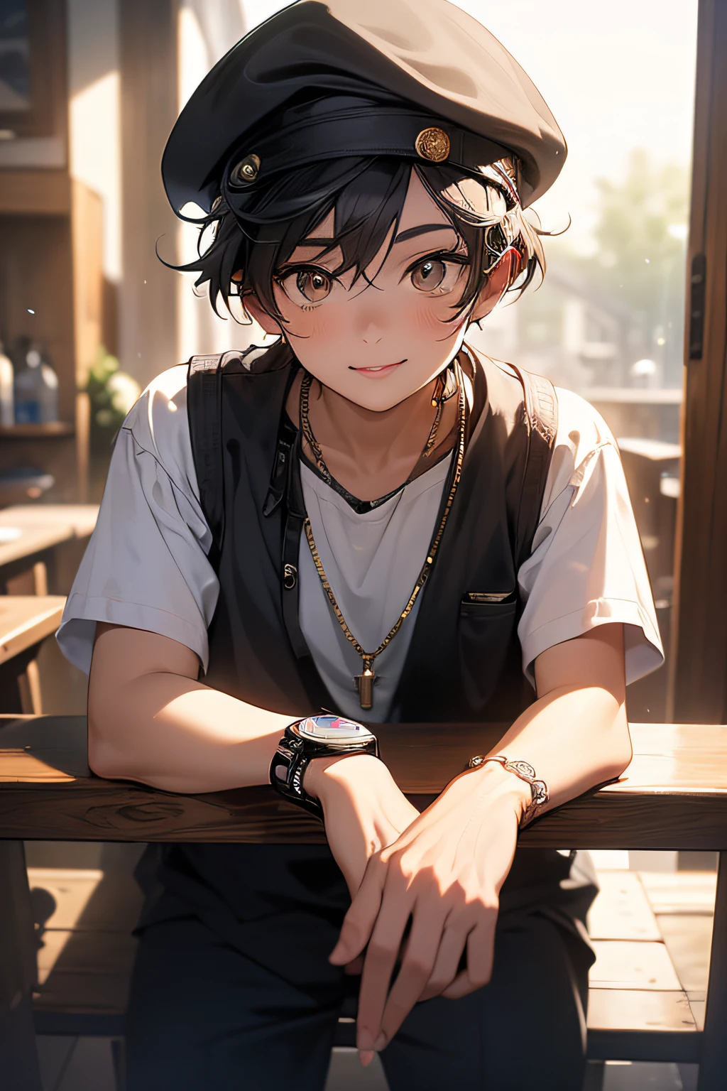 (Masterpiece, Best quality, Ultra-detailed, A high resolution, 4K),(Beautiful detailed eyes),(Very detailed face),(1boys),hdr,bald-headed,Wearing a cap, Shorts, cellular phone, Brown eyes, black color hair, cellular phone, Bracelet, vests, Prayer beads, Watch, Lips, solofocus, nail polish, The background is blurred out, Smile, wristwatch, Realistic, Blurry, view the viewer