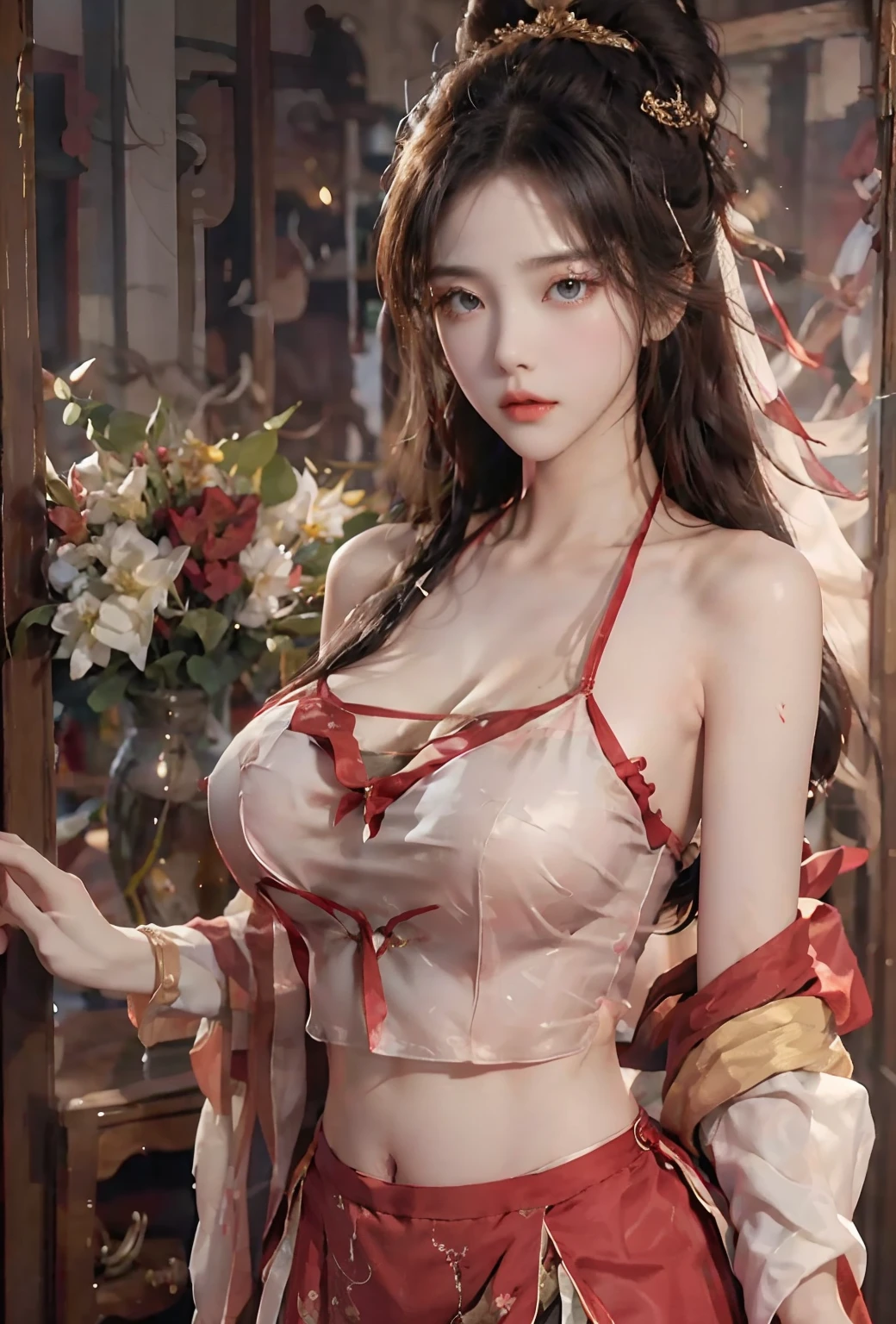 （hoang lap，A high resolution，ultra - detailed），1girll，Shy，is shy，Gentle and sweet girl，Complicated details，enlarged textures，Complicated details，Fine eyes and detailed face，Complicated details，whaite hair，Fluttering hair，Clothes cover your hands，Hands covered，huge boob，perfect boobs，areola of breast，（Keep one's mouth shut），（perfect  eyes，Equal eyes），Transparent clothes，cropped shoulders，nabel，Superskirt，Ultra photo realsisim，photograph of-realistic，