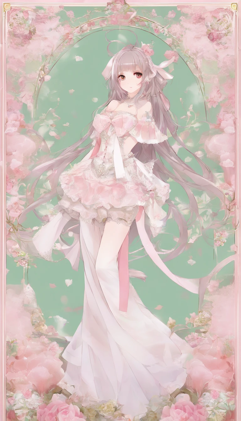 【the fallen angel】The tone of the whole lustful dress is pink，There is a white space on the abdomen wrapped around the waist，Just enough to make the mark of the slave visible，The top is completely  and exposed breasts，Only the pink lace chest rest is designed at the top of the waistband，Hold up the little rabbit's slightly green swallow breasts，The bow is preserved on the back，A cute cartoon bunny ornament is dotted in the middle of the bow，The miniskirt is a typical multi-layered princess dress style，However, the skirt support is surprisingly high，At a glance，The short skirt can only wrap half of the hips，There is no panty concealment under the skirt，Just move around a little，Even slightly turned，The private parts of the lower body will inevitably disappear，A pair of pink knee-length lace suspenders wrapped around the legs，The whole costume is extremely erotic。