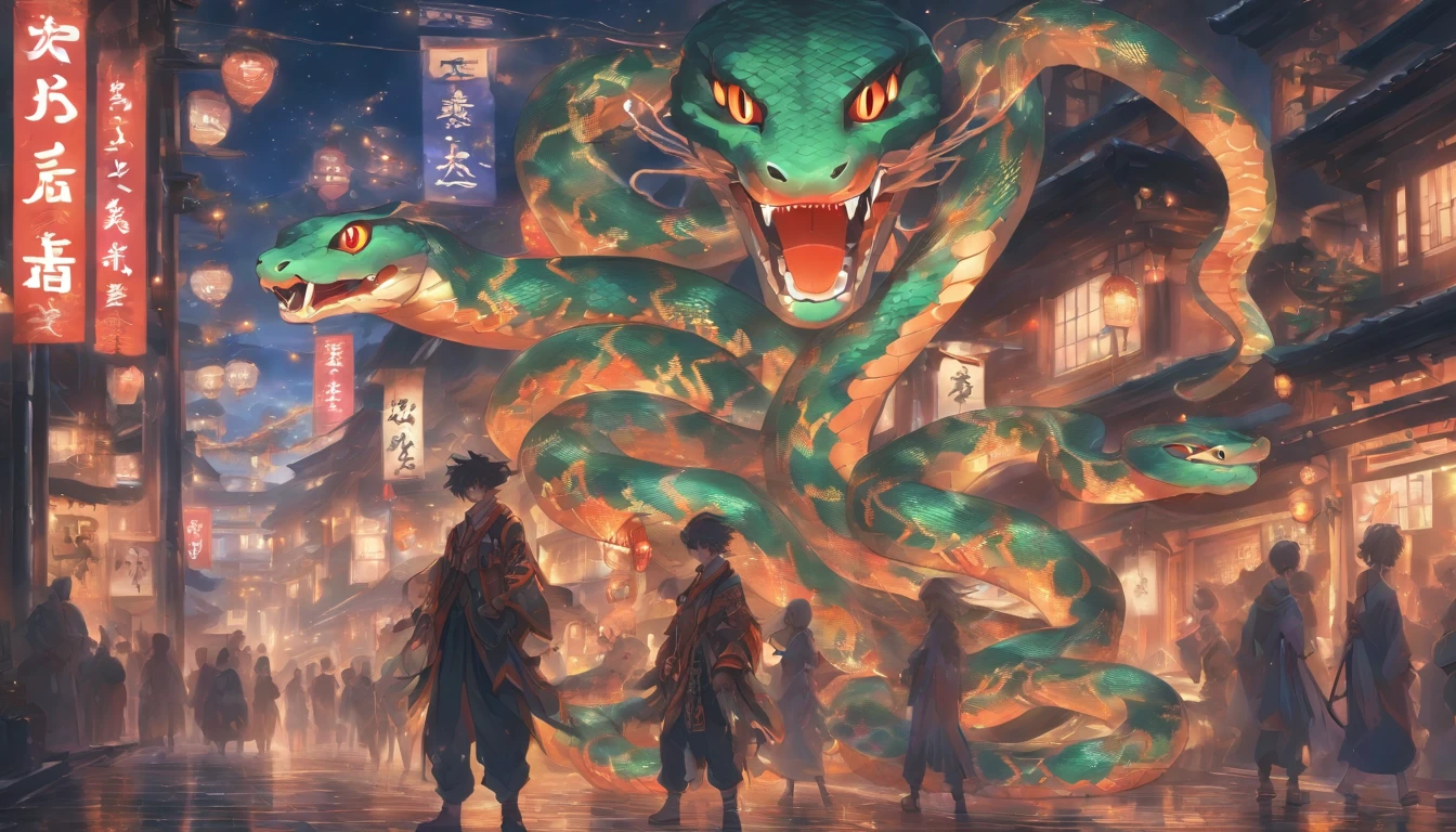 Zodiac snakes , Not scary snakes,Big eyes, Wear festive attire, Standing on the side of the street, Ancient style, Artistic touch,Snes painting