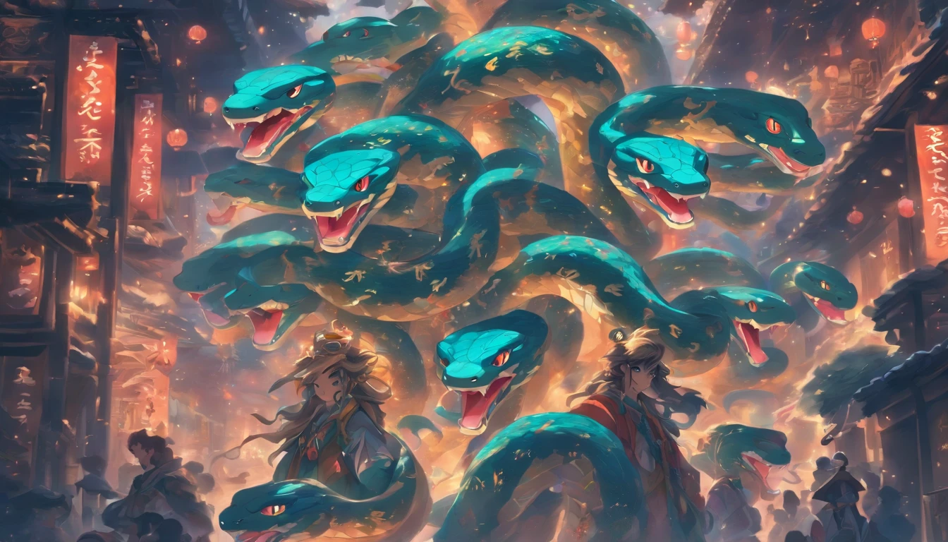 Zodiac snakes , Not scary snakes,Big eyes, Wear festive attire, Standing on the side of the street, Ancient style, Artistic touch，Snes painting