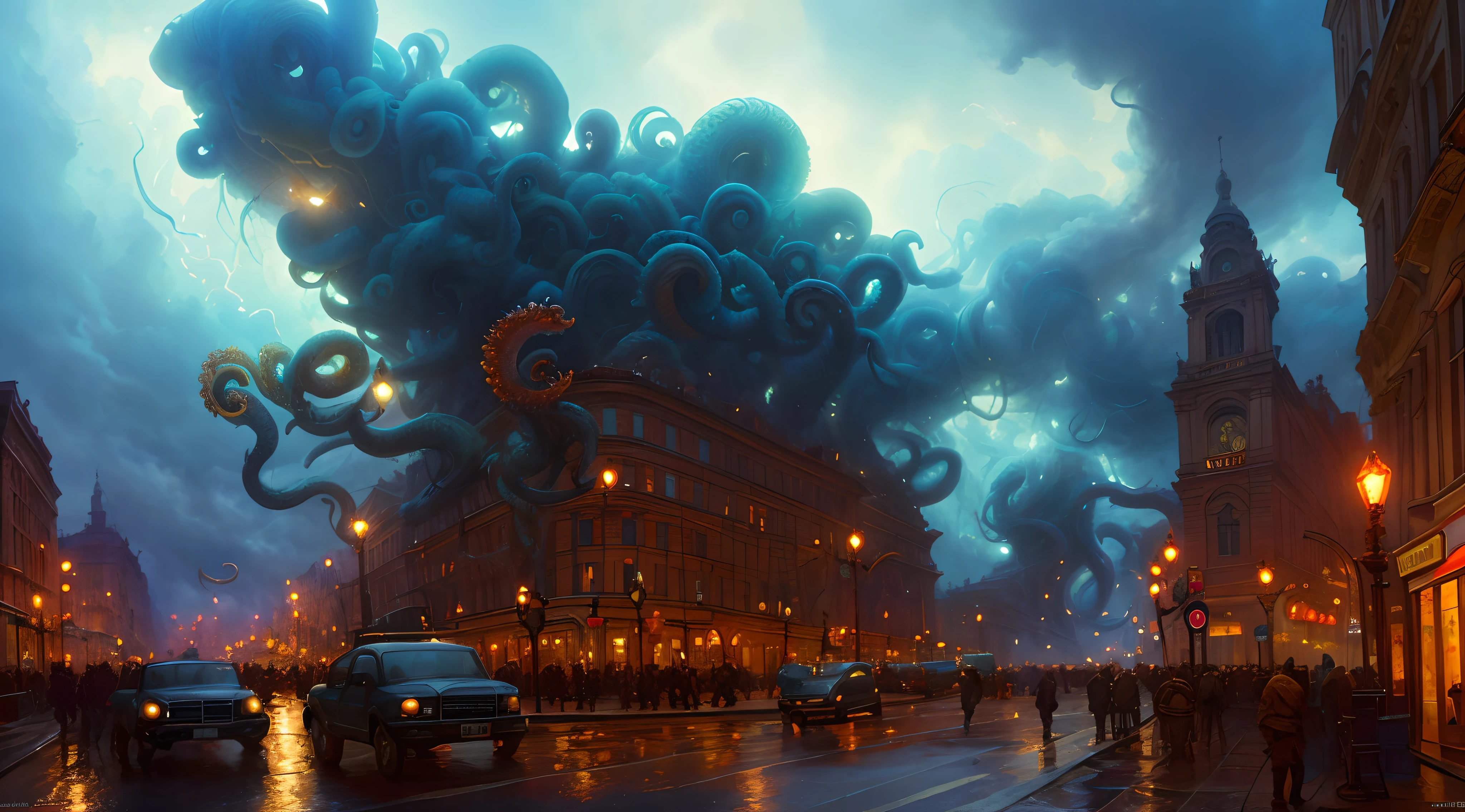 A large number of tentacles fell in the air,Ruined streets,dark stormy clouds,A large number of tentacles stick out from the dark clouds,digitial painting,art stations,concept-art,Smoothness,tack sharp focus,illustratio,Founded by Gaston Bussiere and Greg Rutkowski,
