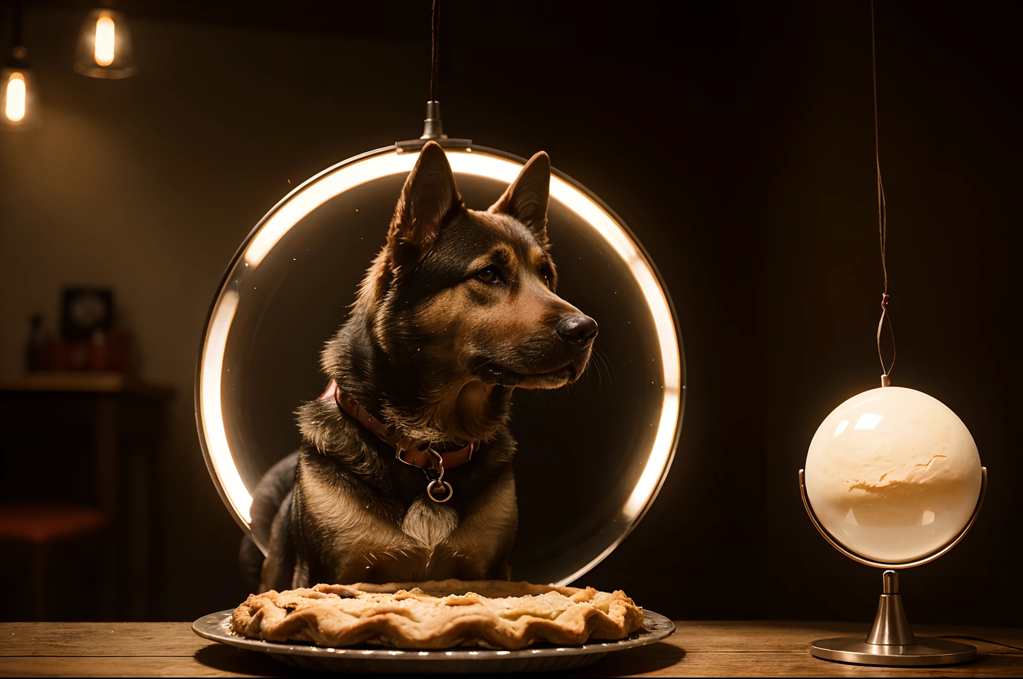 Photograph of a German Shepherd dog sitting with a warm cherry pie floating over his head in midair, warm atmosphere, Captured by Panavision Panaflex Platinum Camera with Panavision Primo Primes Spherical Lens 50mm T1.9