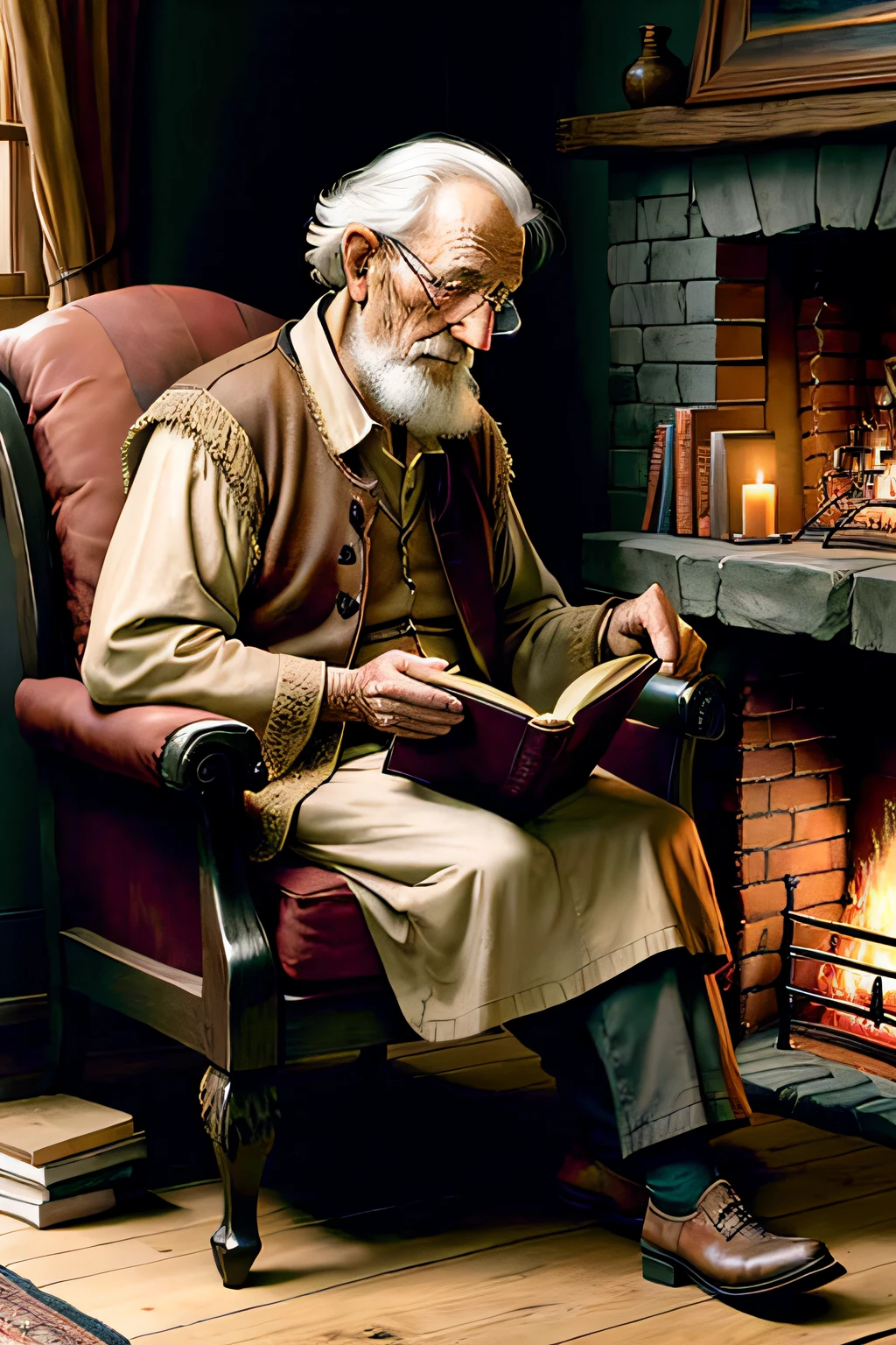 Generational Wisdom expressed in oil painting inspired by Rembrandt; An elderly man sitting in a cozy armchair by the fireplace, holding a book and sharing his knowledge with his great-grandson. The scene is set in a dimly lit room, with warm, earthy tones, and deep shadows. The old man's face is illuminated by the fire, with a wise and gentle expression, while the great-grandson is sitting on the floor, looking up at him with admiration. The atmosphere is contemplative and peaceful --v 5 --stylize 1000