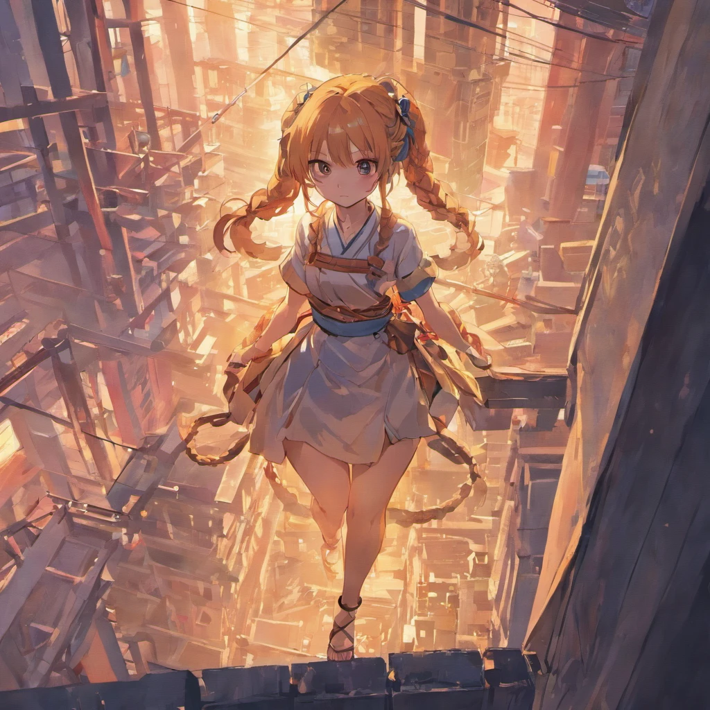 1girll,Legs,A girl in construction,(((Building))),  Braided bangs,braidedponytail,(Solo:1.2),aprons,Thick thighs,side-tie panties, Bare hair, 16 yaers old,view the viewer, Sunlight,Hanfu,