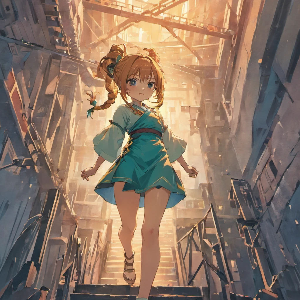 1girll,Legs,A girl in construction,(((Building))),  Braided bangs,braidedponytail,(Solo:1.2),aprons,Thick thighs,side-tie panties, Bare hair, 16 yaers old,view the viewer, Sunlight,Hanfu,