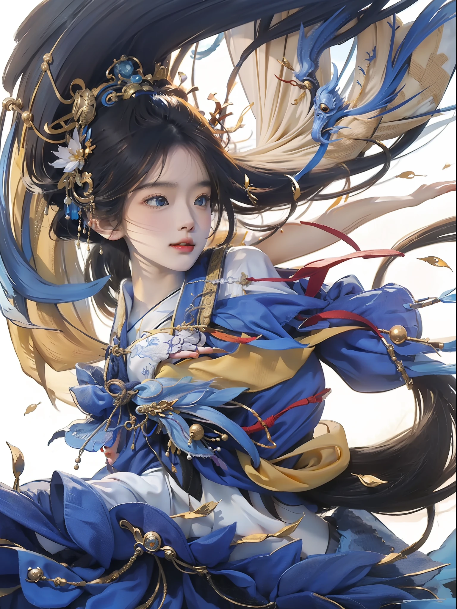 one-girl, Ancient Chinese clothing,Blue and yellow dragon robes, rays of sunshine, Clear face,A half body, Clean white background, tmasterpiece, super detailing, Epic composition, hyper HD, high qulity, extremely detaile, offcial art, Uniform 8K wallpaper, super detailing, 32K ,3D Live Effects -- v 6