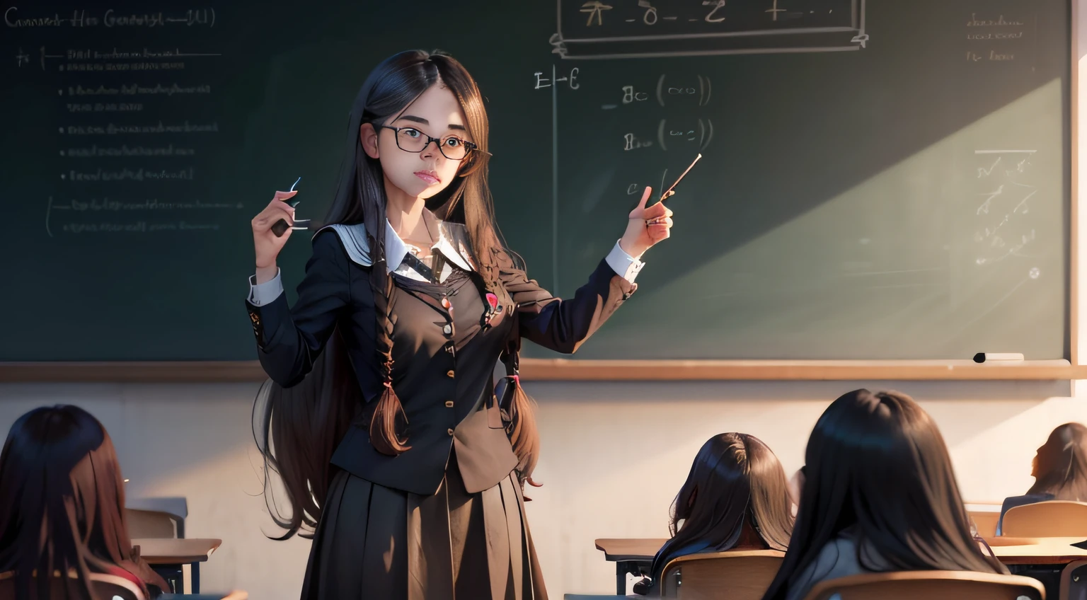 In the classroom，A teacher with long hair and big eyes is lecturing the students，illustration，quadratic element，There is a blackboard behind the teacher，The student looks at the teacher