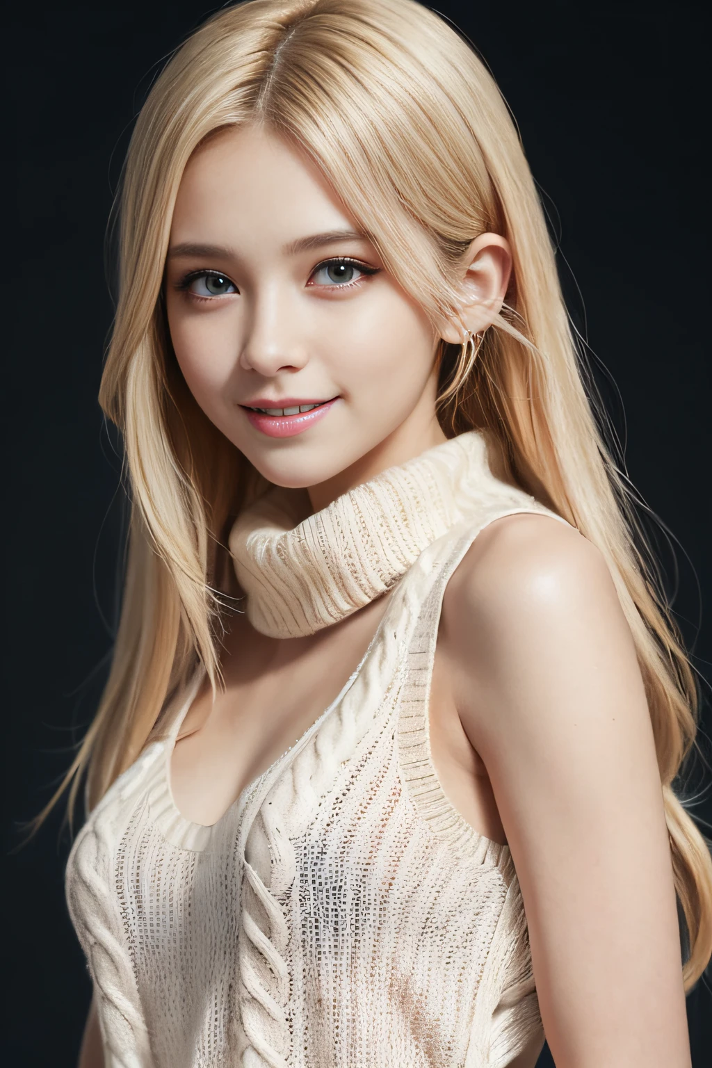 {{Sleeveless virgin killer sweater}}, {{Bare arms}}, Bare hands), A blonde long-haired, Very cute, Azure eyes, Smile, 1 girl, {{Perfect anatomy}}, Perfect and interesting background, Ultra-detailed, An extremely delicate and beautiful, Detailed light, Masterpiece)