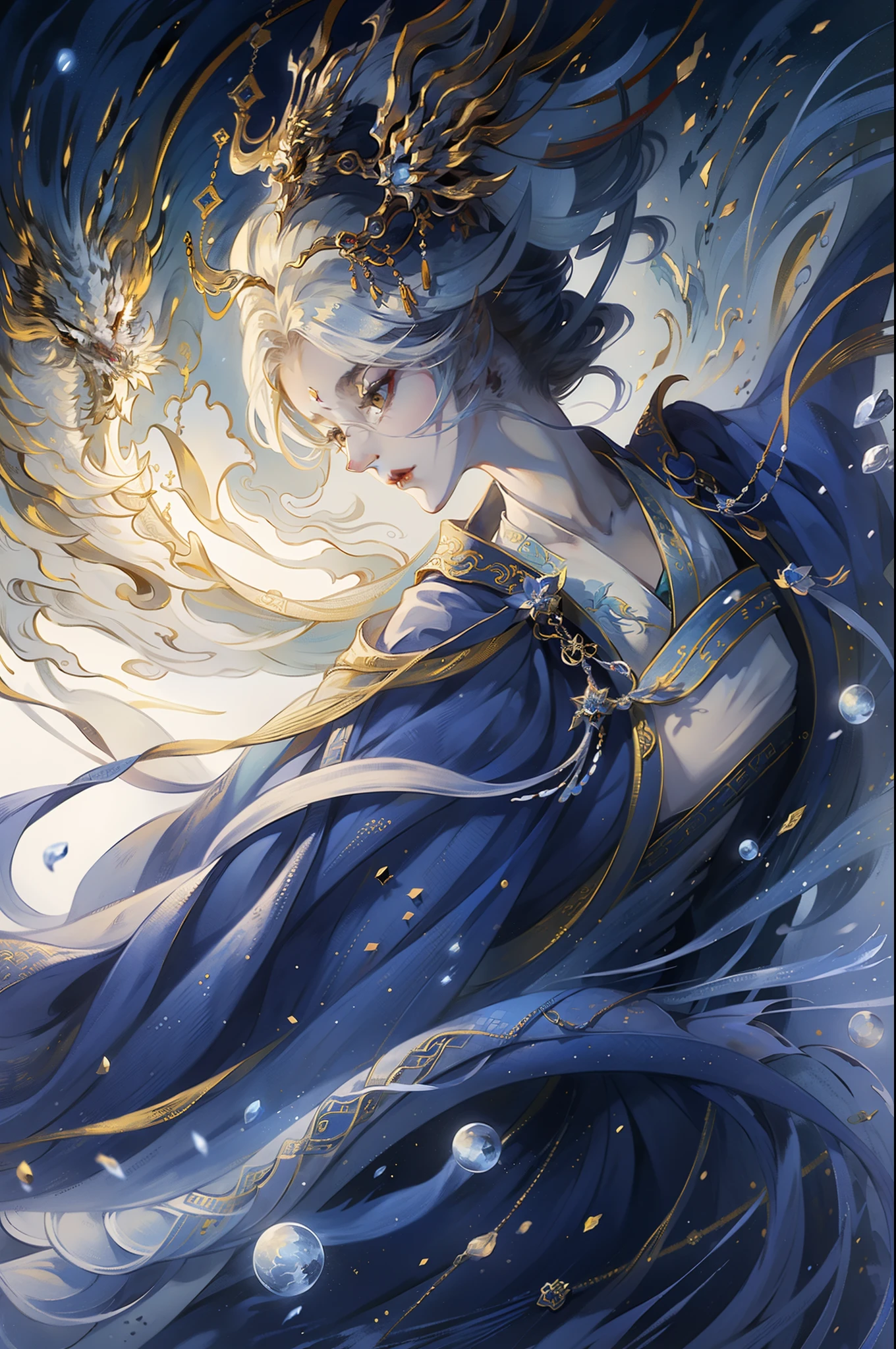 one-girl, Ancient Chinese clothing,Blue and yellow dragon robes, rays of sunshine, Clear face,A half body, Clean white background, tmasterpiece, super detailing, Epic composition, hyper HD, high qulity, extremely detaile, offcial art, Uniform 8K wallpaper, super detailing, 32K ,3D Effects -- v 6