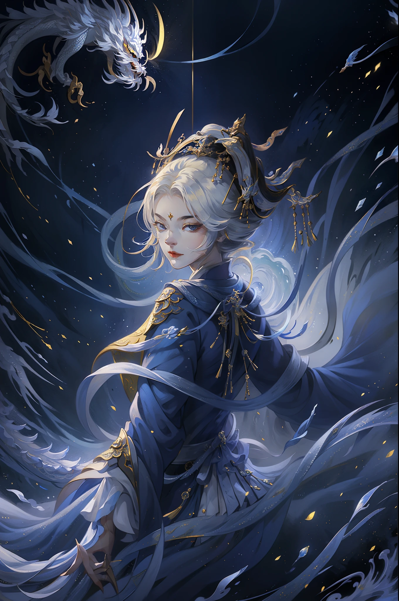 one-girl, Ancient Chinese clothing,Blue and yellow dragon robes, rays of sunshine, Clear face,A half body, Clean white background, tmasterpiece, super detailing, Epic composition, hyper HD, high qulity, extremely detaile, offcial art, Uniform 8K wallpaper, super detailing, 32K ,3D Effects -- v 6