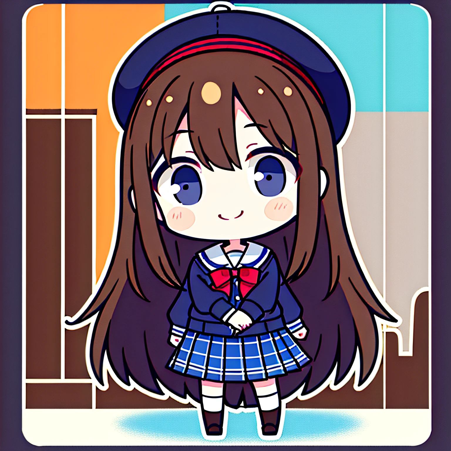 brown  hair、,pinging、Very short、1 person,Long hair solo, (twitch emote:1), full bodyesbian, Black eyes, adolable, Children、white backgrounid,、hair adornments、Blue hat,、elementaryd skirt school uniform、Kizi、A smile