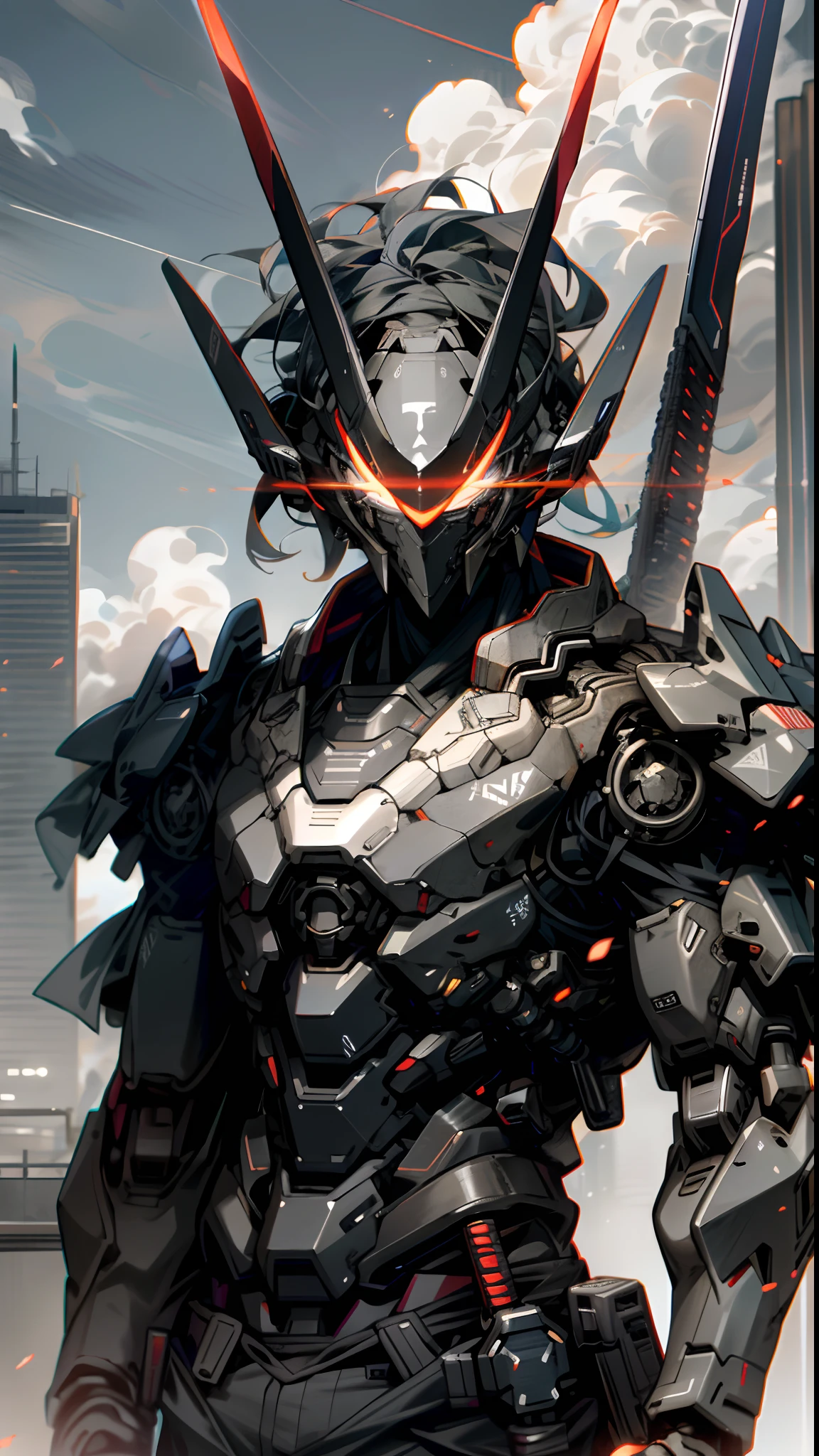 Skyscraper night sky, Cloud, Holding_arma, No_Humanity, Glow, Ninja robot, architecture, Science fiction, urban, Reality Upper body straight forward Glowing body Glowing red eyes holding a sword（Tachi weapons） a broad shouldered --v6