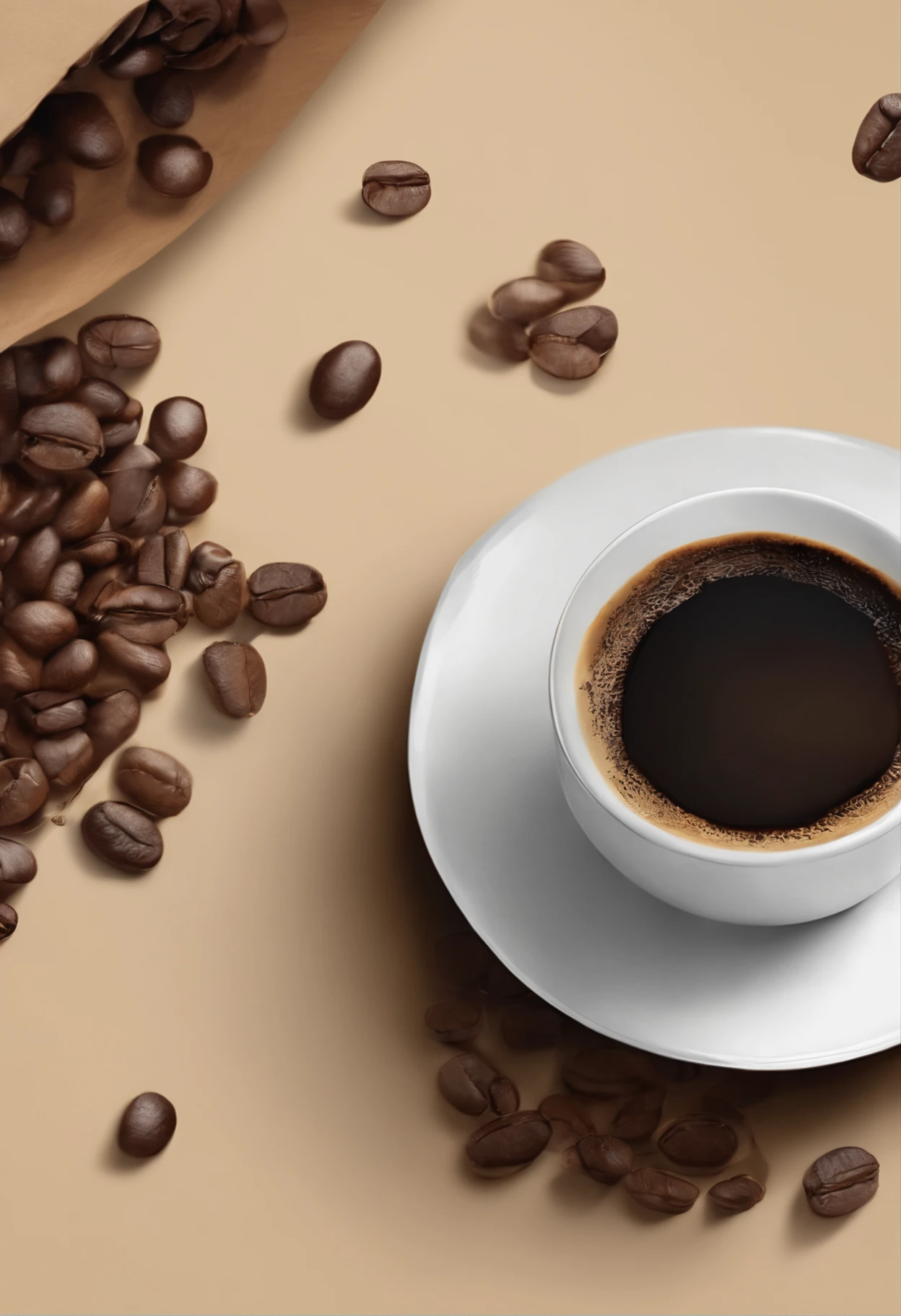 There are a lot of coffee beans on the elegant desktop, with a cup of black coffee inside, exuding hot air, masterpiece, advertising photography -like effect, real details, 8K