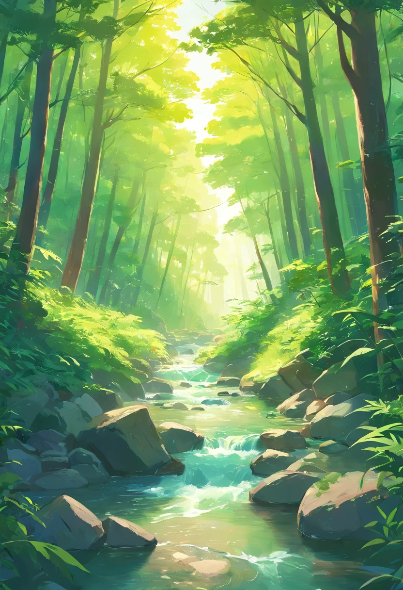 Close-up of a stream flowing through a lush green forest, ross tran. scenery background, ryan dyar, environment painting, Beautiful oil matte painting, photorealistic landscapes, 4k hd matte digital painting, 8 k resolution digital painting, 8k resolution digital painting, hyperrealistic landscape, inspired by Raphael Lacoste, Illustration matte painting, beautiful digital painting