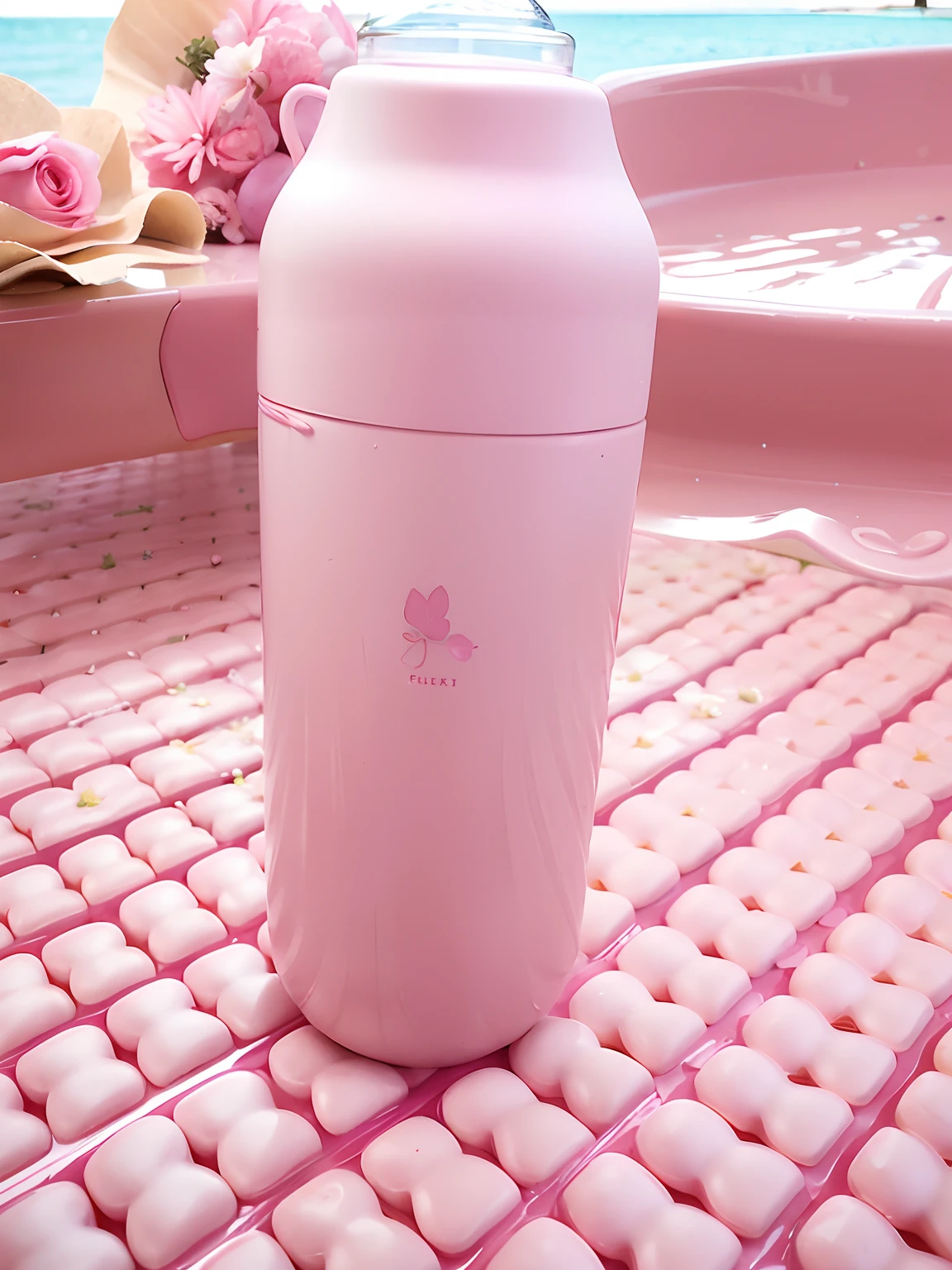 Among the flowers is a pink bottle, Smooth pink skin, pink water in a large bath, Bottle, some pink, matte pink armor, very aesthetic, pastel pink, covered with pink marzipan, taken with canon 8 0 d, pastel pink concrete, pink pastels, with soft pink colors, Thick paint is visible
