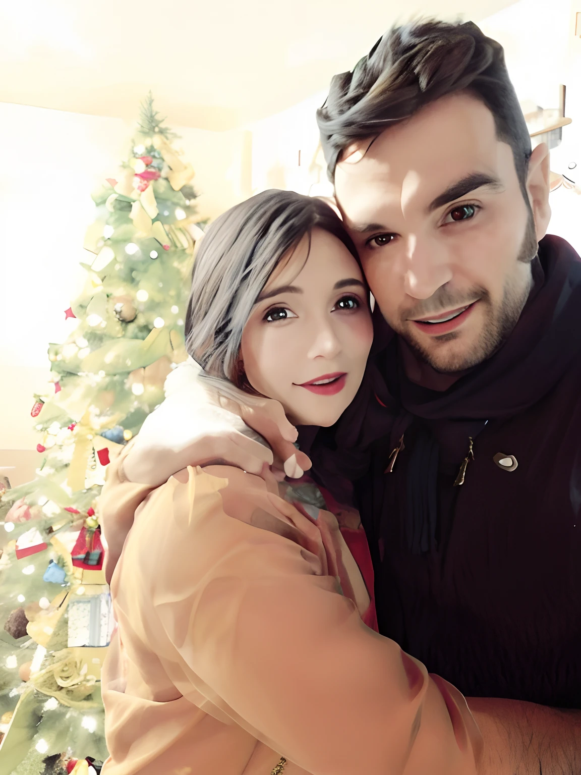 There is a man and a woman embracing in front of a Christmas tree, Pareja encantadora, imagen de muy muy muy baja calidad, Khyzyl Saleem, Ash Thorp Khyzyl Saleem, imagen, foto de perfil, 1614572159, Imagen de perfil, foto de perfil 1024px, Foto descubierta