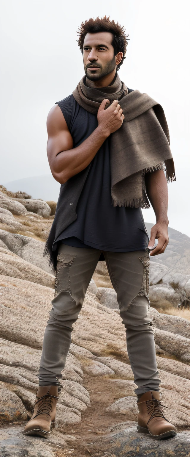 arafed man standing on a rocky hill with a scarf around his neck, masculine and rugged, standing on rocky ground, cinematic full body shot, cinematic outfit photo, full body portrait shot, photo from a promo shoot, stylish pose, standing on mountain, rugged details, portrait of a rugged warrior, standing on a rock, rugged black clothes, full body photogenic shot