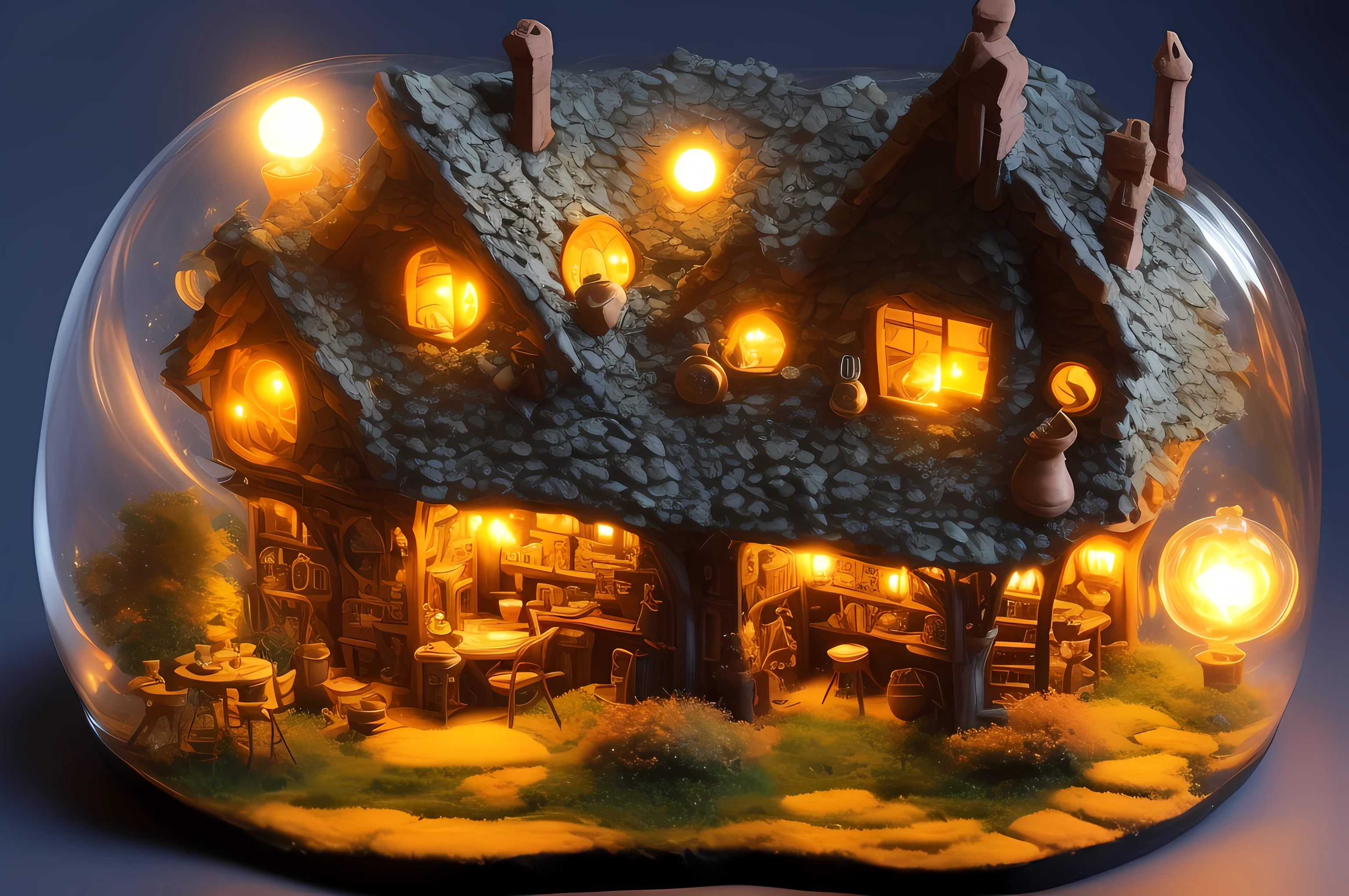 Duskamétrik equidistant section witch's cottage，Magic pot，Bubbling magic liquid，black cats，broom，crystal sphere， Incredibly detailed background bokeh edge lighting，Courtesy of Duska Metric