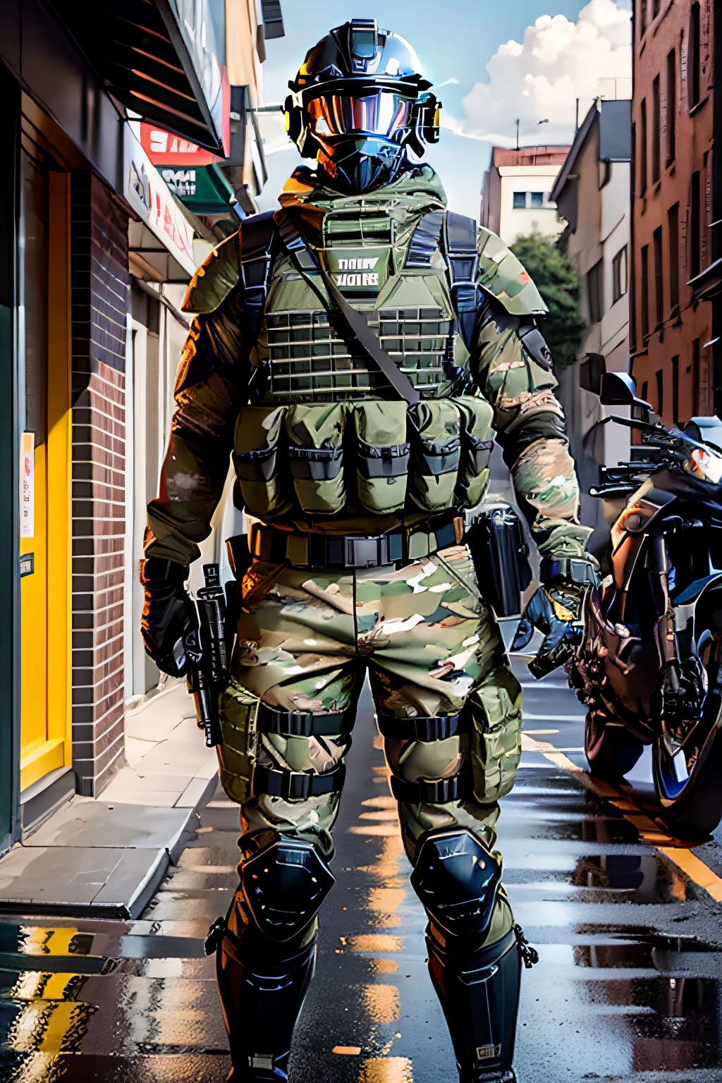 Heavy individual armor,Combat sappers,Communist,male people,25 age old,Starry sky camouflage combat uniform,Starry sky camouflage exoskeleton,Starry sky camouflage helmet,black military boots,Yellow bulletproof glasses,standing on your feet,The upper body wears a bulletproof vest,Interceptor bulletproof vest,Interceptor bulletproof vest guard,Interceptor bulletproof vest crotch,Interceptor bulletproof vest gloves,Interceptor bulletproof vest shoulder pads,Starry sky camouflage livery,Interceptor crotch guard,Modular bulletproof shorts,Helmet starry camouflage livery,Bulletproof glasses smoke yellow。The helmet camouflage coating is non-reflective,The mask does not change。There is no writing on the chest。A five-star red flag hangs on his left arm。