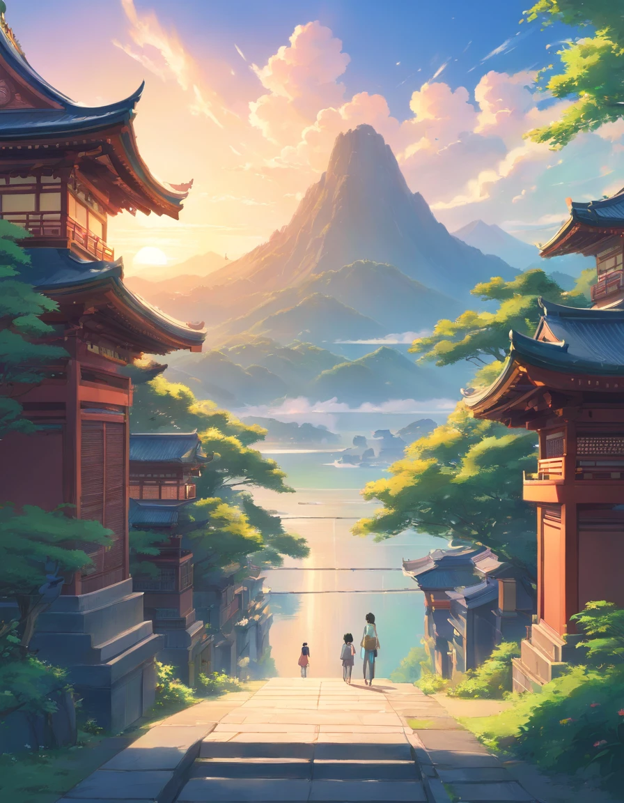 There is a painting,The painting depicts fantastic landscape art, Zen temple background, Oriental fantasy, landscape artwork, Temple background, background artwork, dreamy scenes, Detailed scenery —width 672, dreamy Chinese towns, oriental wallpaper, Chinese landscape, dreamlike digital painting, Atmospheric fantasy sky, dreamy matte painting, surreal dreamscape, Fantasy background